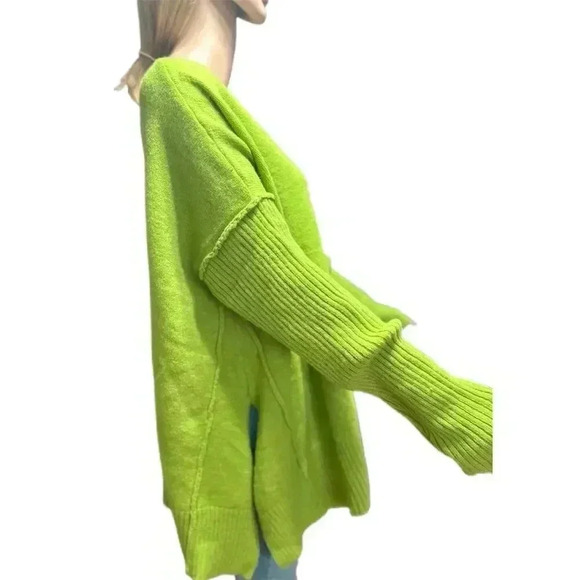 Oversized Knit Pullover Sweater Women’s L–2XL Green V-Neck Free People Style - Picture 3 of 6